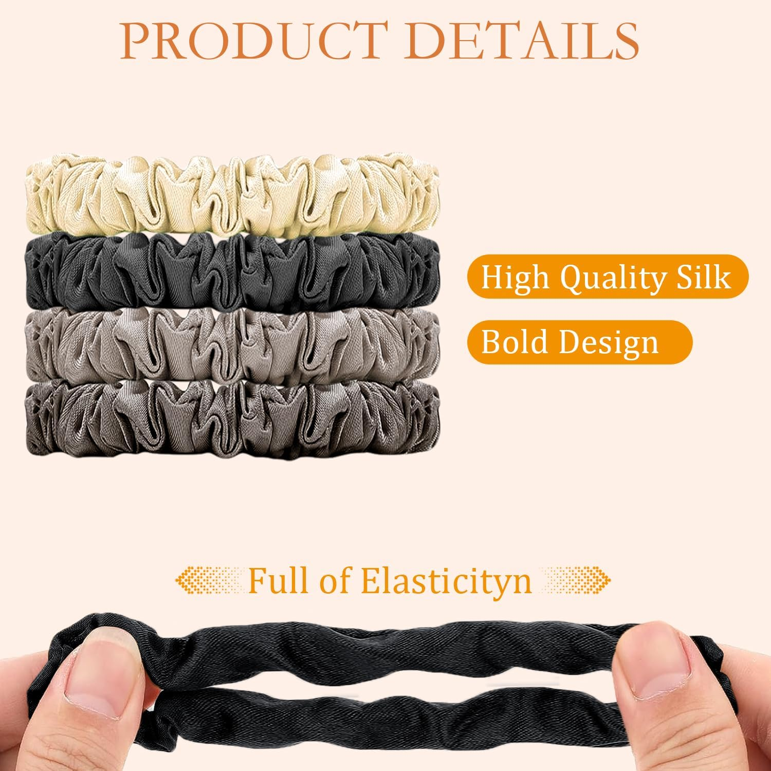 ARWIG 4 Pcs Silk Scrunchies | Silk Hair Ties | Satin Scrunchies | Elastic Hair Bands | Hair Bobbles | Hair Scrunchies for Women | Hair Ties No Damage (Black Khaki Coffee Beige image number 2