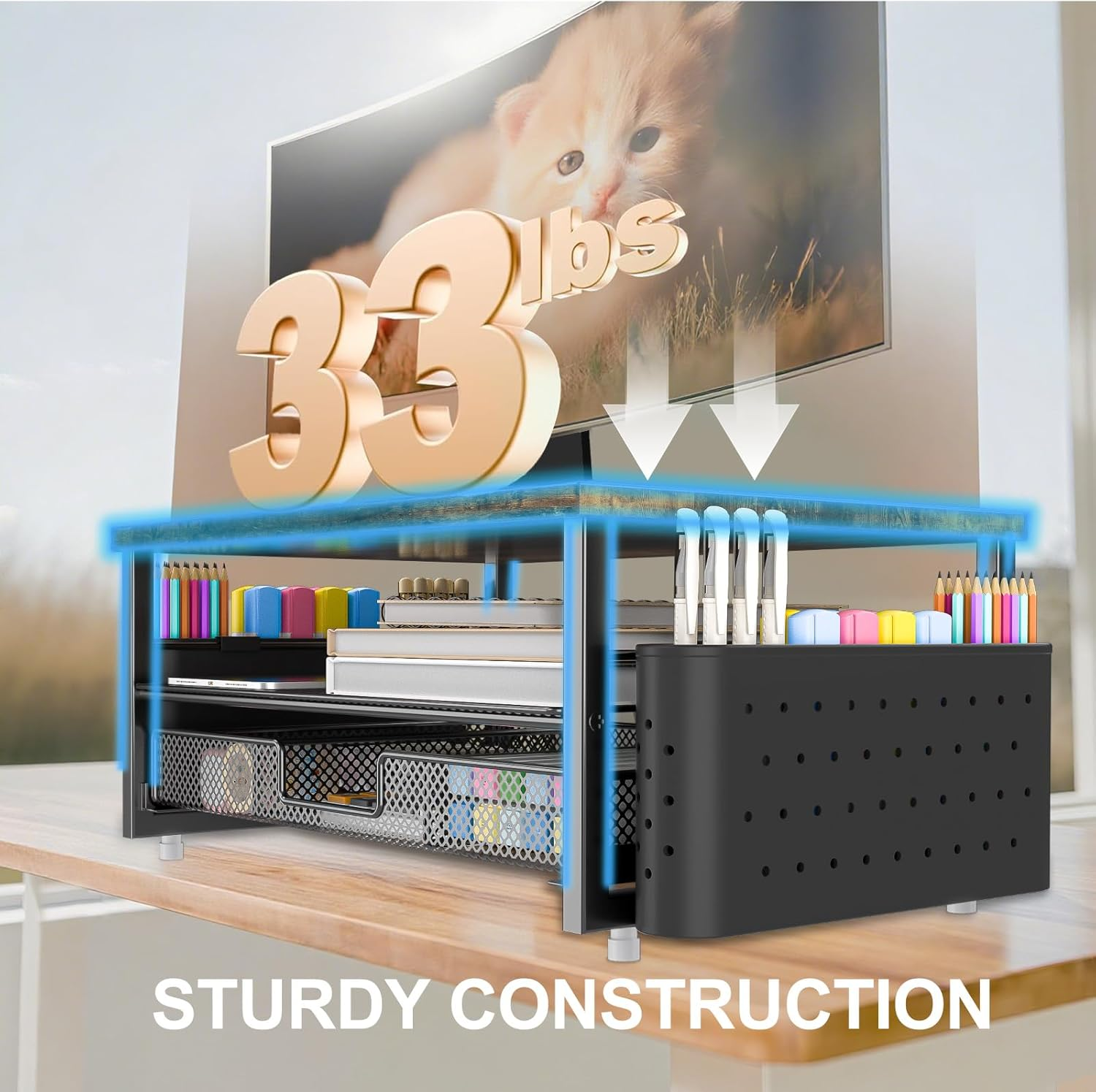 2 Tier Monitor Stand, 16 Inches Monitor Stand Riser with Drawer & 2 Pen Holders, Wooden Desktop Monitor Stand for Tv/Screen/Computer/Laptop image number 1