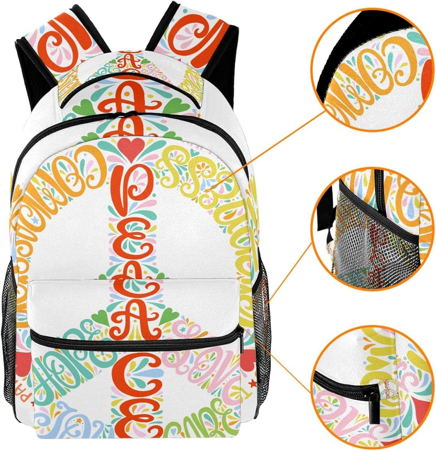 Peace Sign Backpack Students Shoulder Bags Travel Bag College School Tote Backpacks image number 5