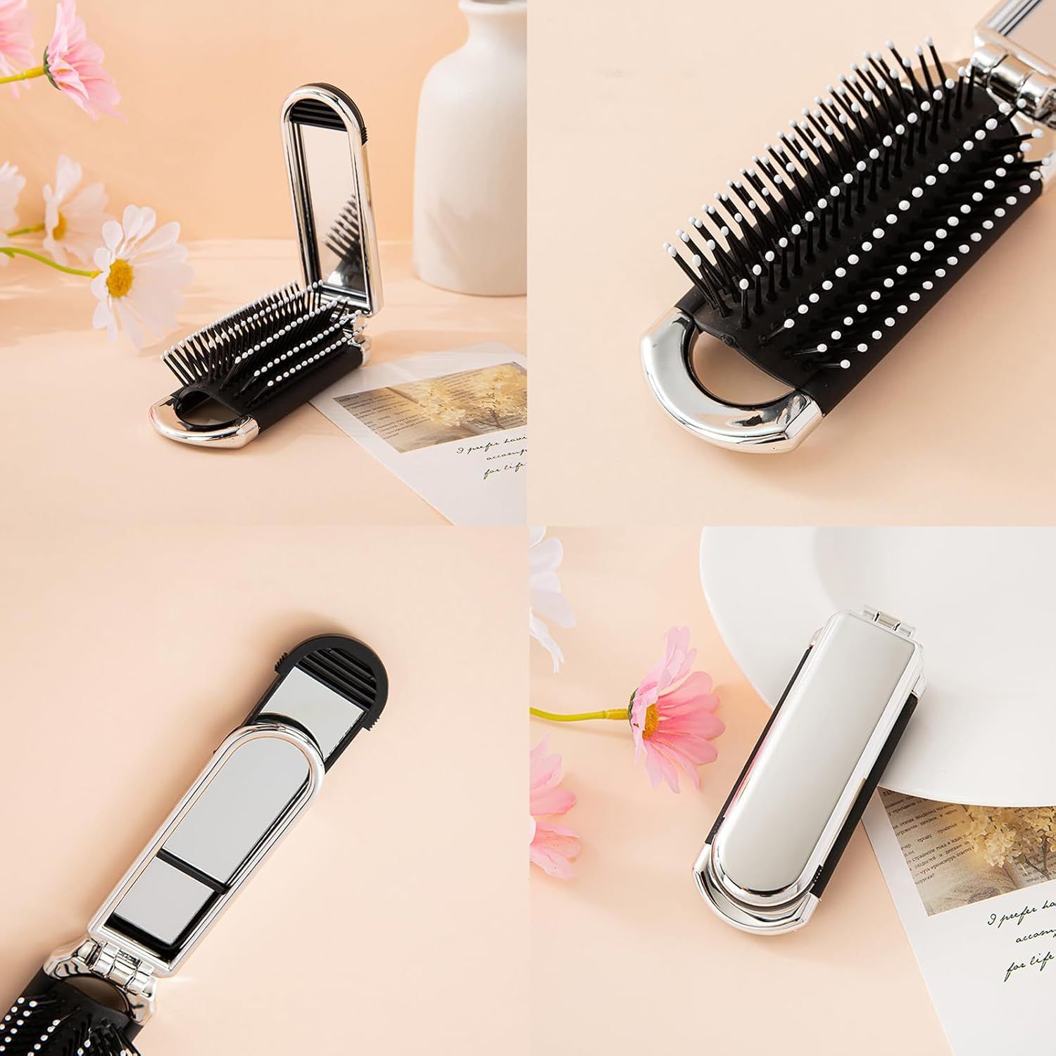 Mini Hair Brush with Mirror,Folding Travel Hair Brush Collapsible Hair Comb Portable Compact Pocket Size Anti-Static Hairbrush for Curly Thin Long Short Wet Dry Hair image number 3