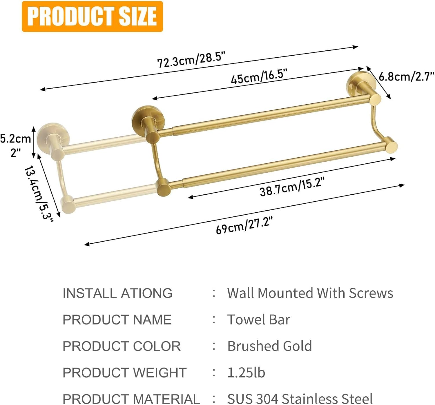 Besy Adjustable 16-26 Inches Double Bath Towel Bar for Bathroom SUS304 Stainless Steel Towel Holder, Hotel Style Wall Mount with Screws Hand Towel Bar，Towel Rack Rod Hanger, Brushed Gold Finish image number 1