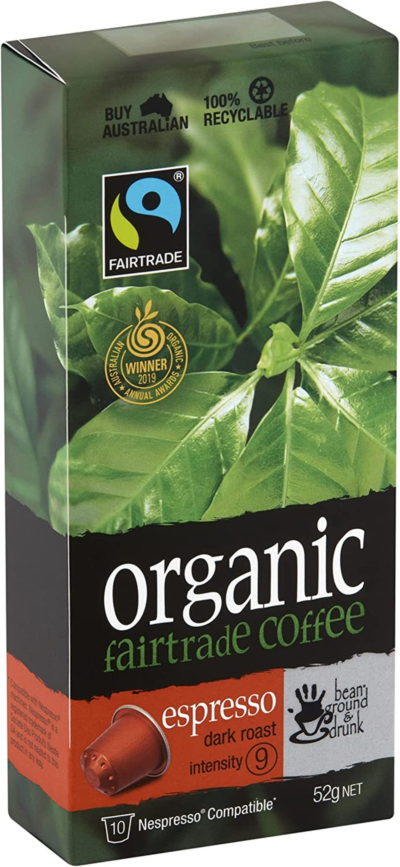 Bean Ground & Drunk Organic Fairtrade Espresso Coffee 10 Aluminium Capsules