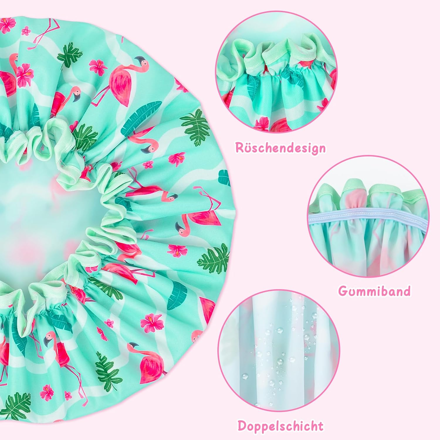 Pack of 2 Children'S Shower Caps, Elastic Band, Double Layers, Waterproof Shower Cap, Women'S Bath Cap, Women'S Shower Cap with Ruffled Edge, Cover Ears for Long, Short, Curly Hair image number 1