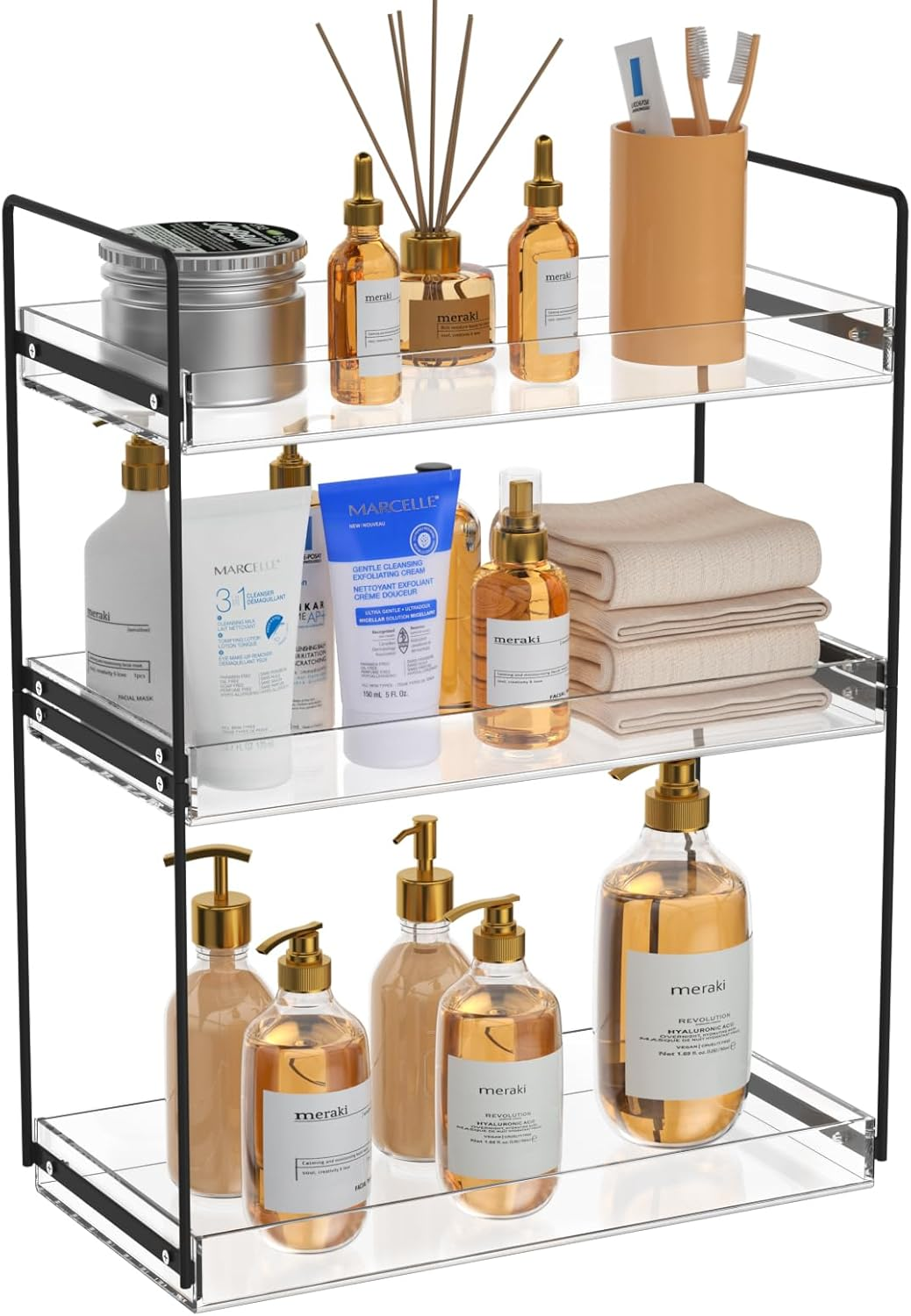 Bathroom Countertop Organizer, 2 Tier Acrylic Tray Vanity Counter Skincare Organizer Shelf, Kitchen under Sink Standing Rack, Home Storage Holder for Lotion Makeup Cosmetics Perfume Spice, Gold