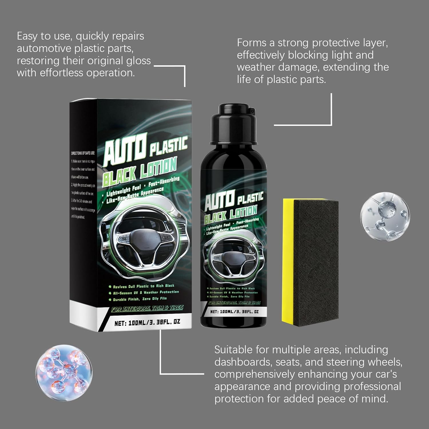 Black Trim Restorer Automotive | 100Ml Car Interior Cleaner - Seat Dash Cleaning Solution - for Upholstery Seat Bumper Furniture Door Steer Wheel Console Appliance