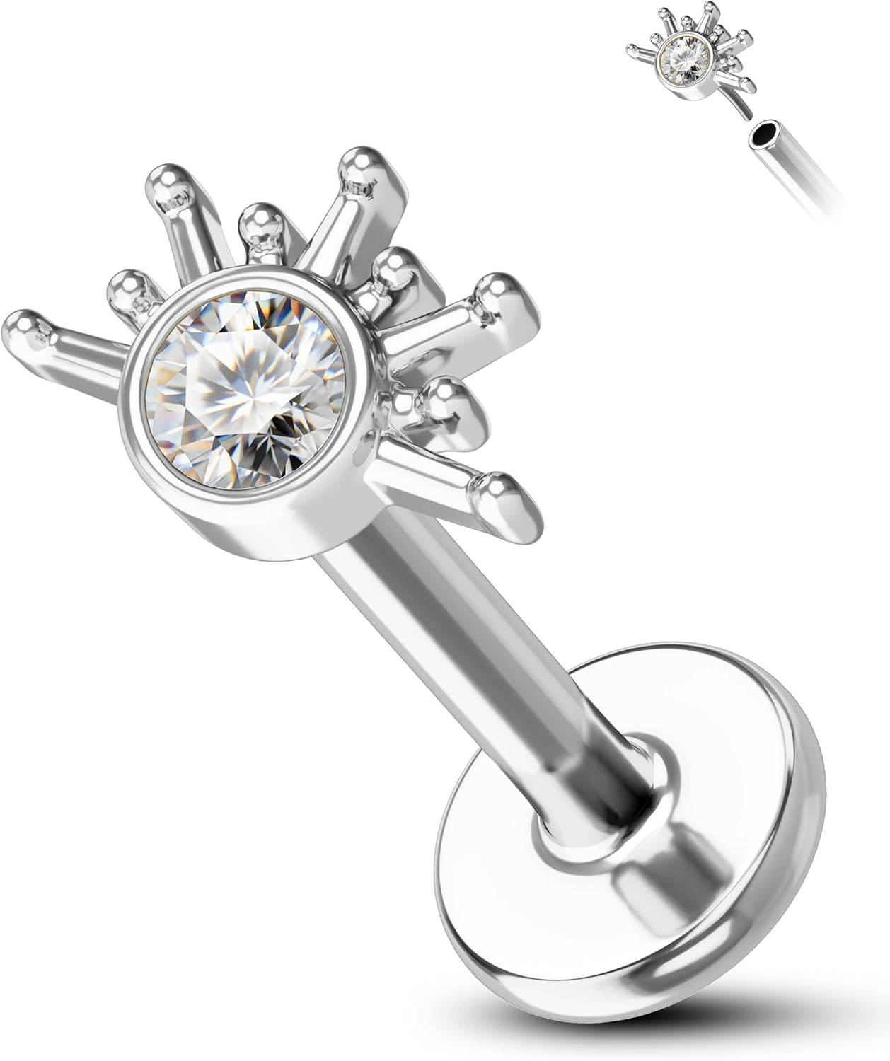 COCHARM Cute Sun Helix Cartilage Tragus Piercing Jewellery 16G 8Mm Titanium Post Flat Back Earring Stud Labret Bar for Women Silver Gold Threadless