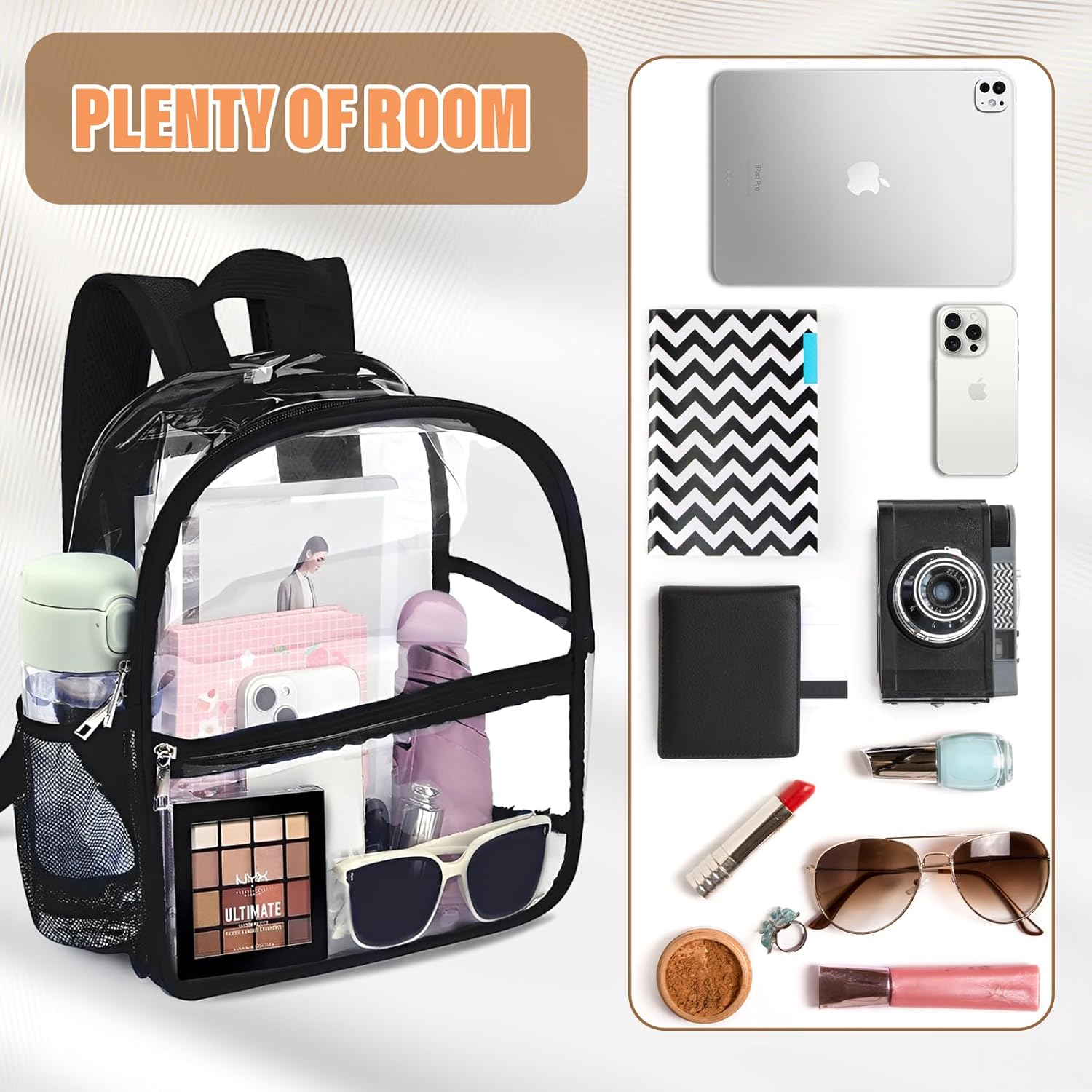 Supcomsta Clear Backpack Large &ndash; 12"X11.5"X6" Heavy-Duty Pvc,Waterproof,Stadium Approved Bag with Adjustable Straps &ndash; Ideal for School,Work,Travel,Concerts - Black image number 4