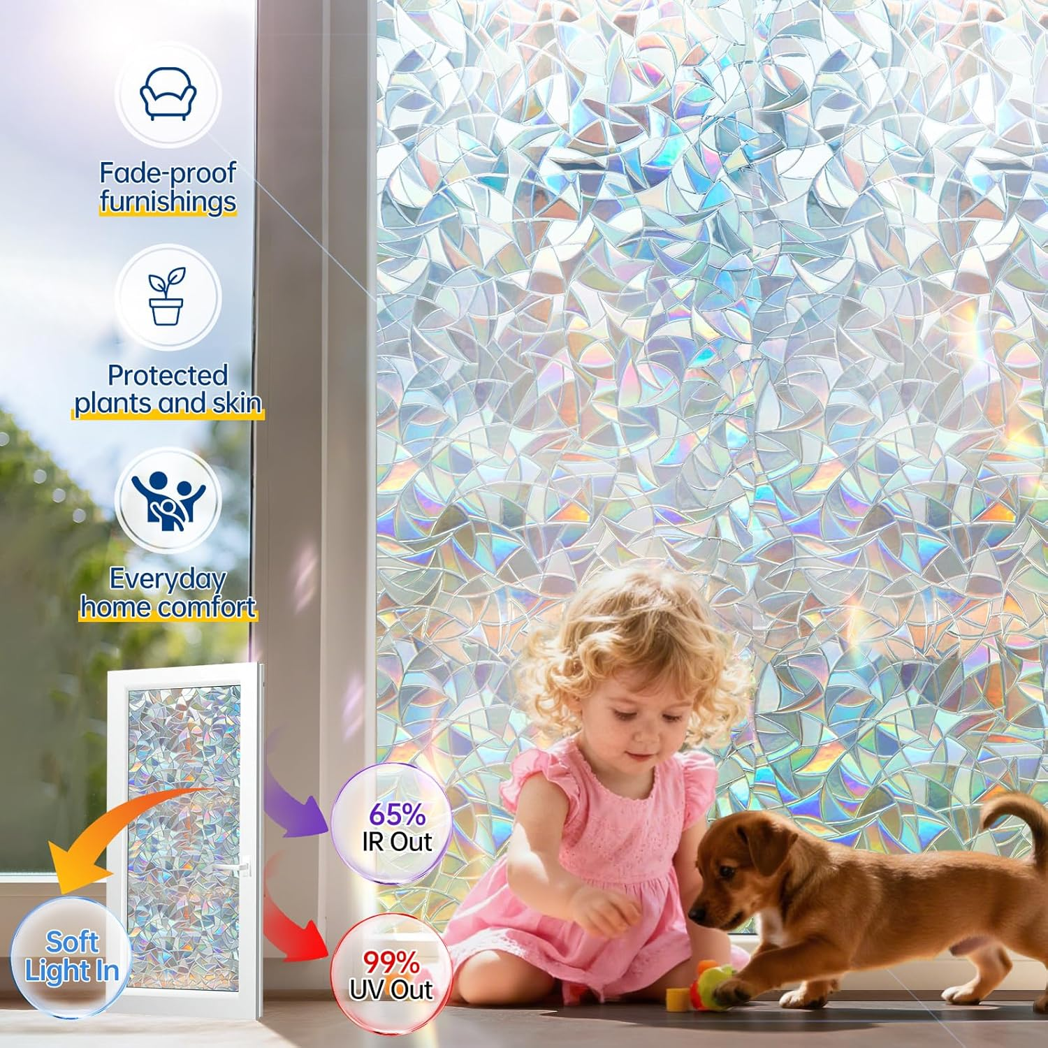 KAFUTER Rainbow Window Privacy Film Decorative, Stained Glass Window Tint for Home, 3D Decals Window Clings for Glass Windows, Static Cling Window Stickers Suncatcher Cover(Rainbow, 90X200Cm) image number 6