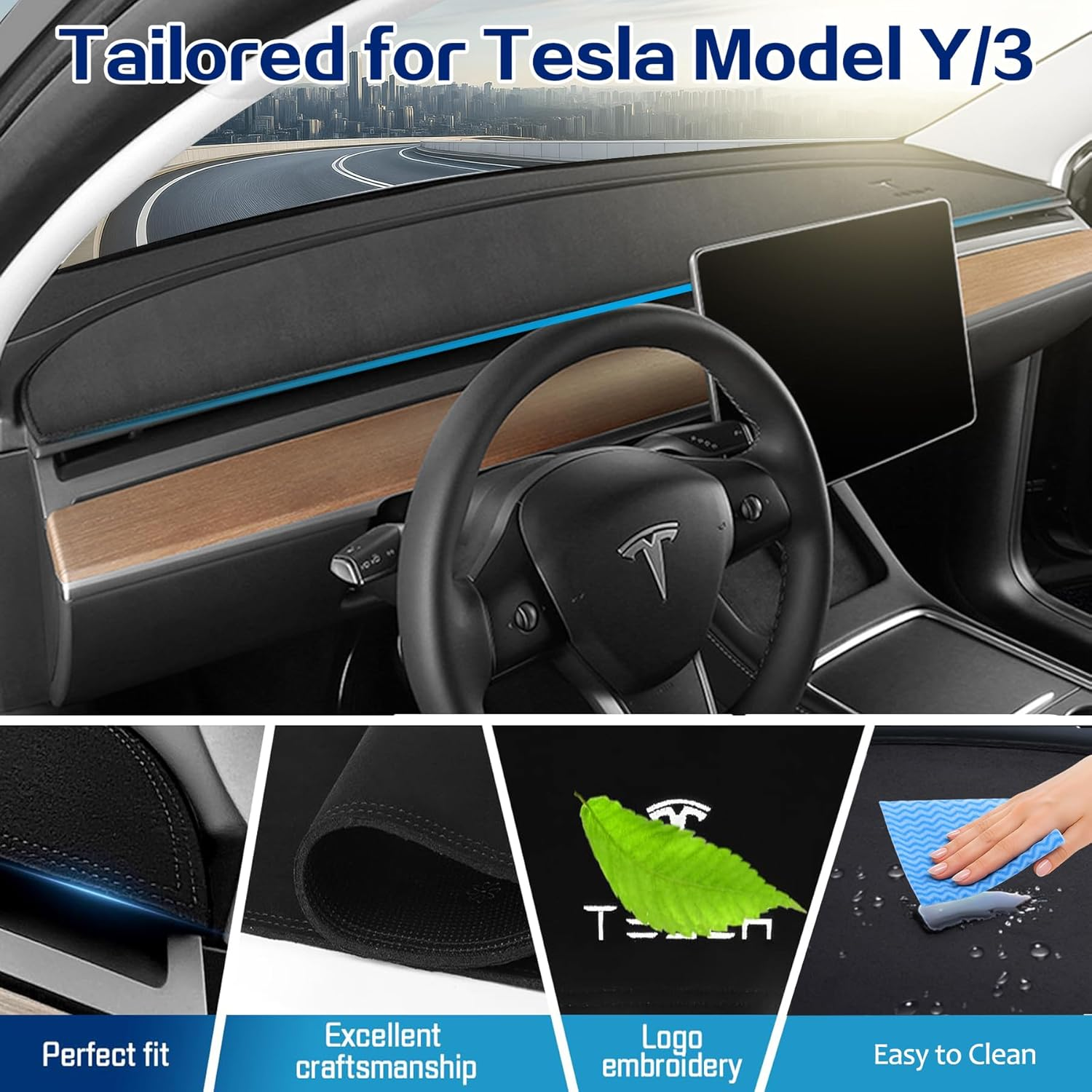 Dashboard Cover for Tesla Model Y 2025-2017, Non-Slip Dash Board Mat for Tesla Model 3 2017-2023 Anti-Glare Flannel Dashboard Pad Sun Shade Protection Interior Accessories image number 1