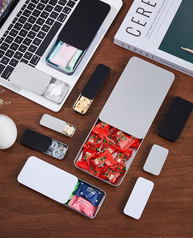 Metal Rectangular Empty Mini Tin Box, Mini Iron Box Tinplate Push Candy Pill Cases Bins Jar Food Small Storage Box Containers for Home Organizer, Decorative Accessories (Black, 1 Small 1 Large) image number 5