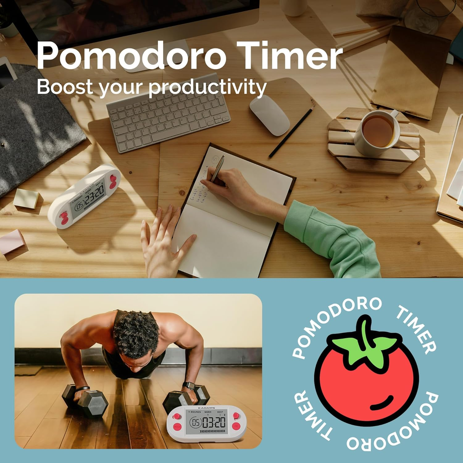 KADAMS Pomodoro Timer for Productivity Interval Countdown for Study Exams Gym Workouts Exercise HIIT Tabata -Magnets, Stand (Red) image number 2