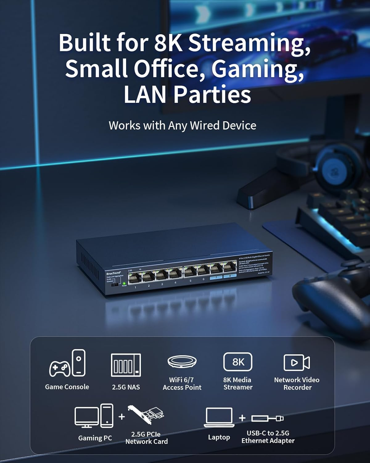 Brostrend 8-Port 2.5Gb Ethernet Switch, Unmanaged Multi-Gigabit Network Switch Supports Static Link Aggregation & VLAN for Gaming, NAS, PC, Network Splitter Plug & Play, Fanless, Lifetime Protection image number 3