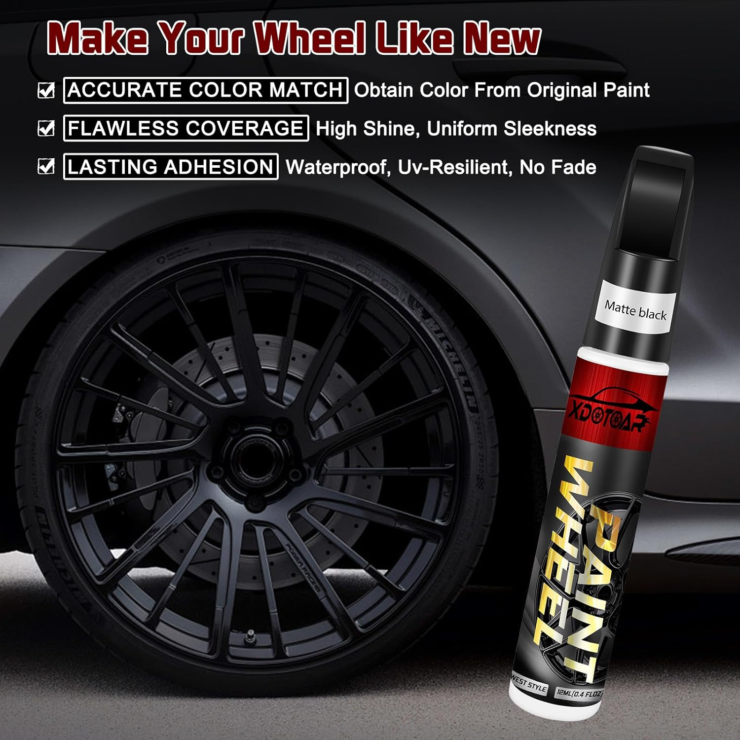 Matte Black Rim Touch up Paint, Efficient Wheel Paint Pen for Metal, Also Match Flat Black, Seamless Repair Car, Faucet and More, Color Accurate, Long Lasting Adhension, Quick Drying, Easy to Use