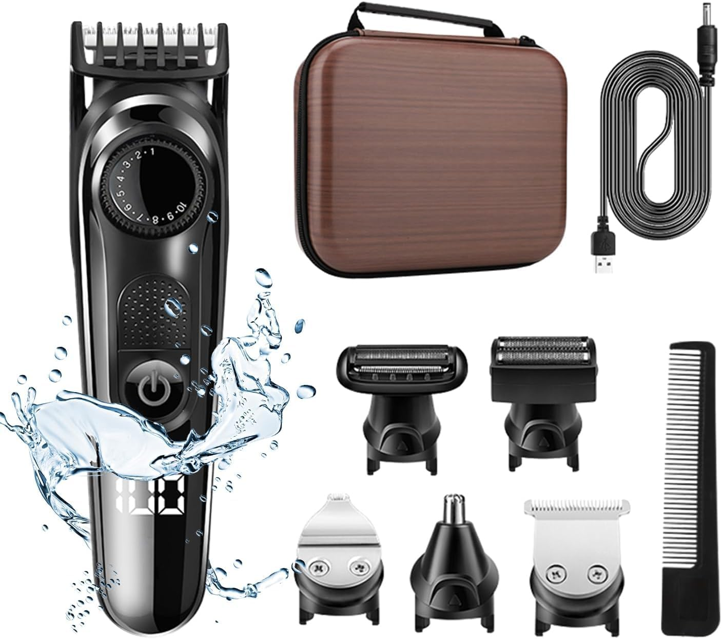 Necomi 5-In-1 Beard Trimmer, Men'S Trimmer, 5 Replacement Heads for Shaving, Haircutting & Nose Hair, 10 Length Settings, with Storage Bag, 90-Minute Running Time, Suitable for Facial and Body Beauty