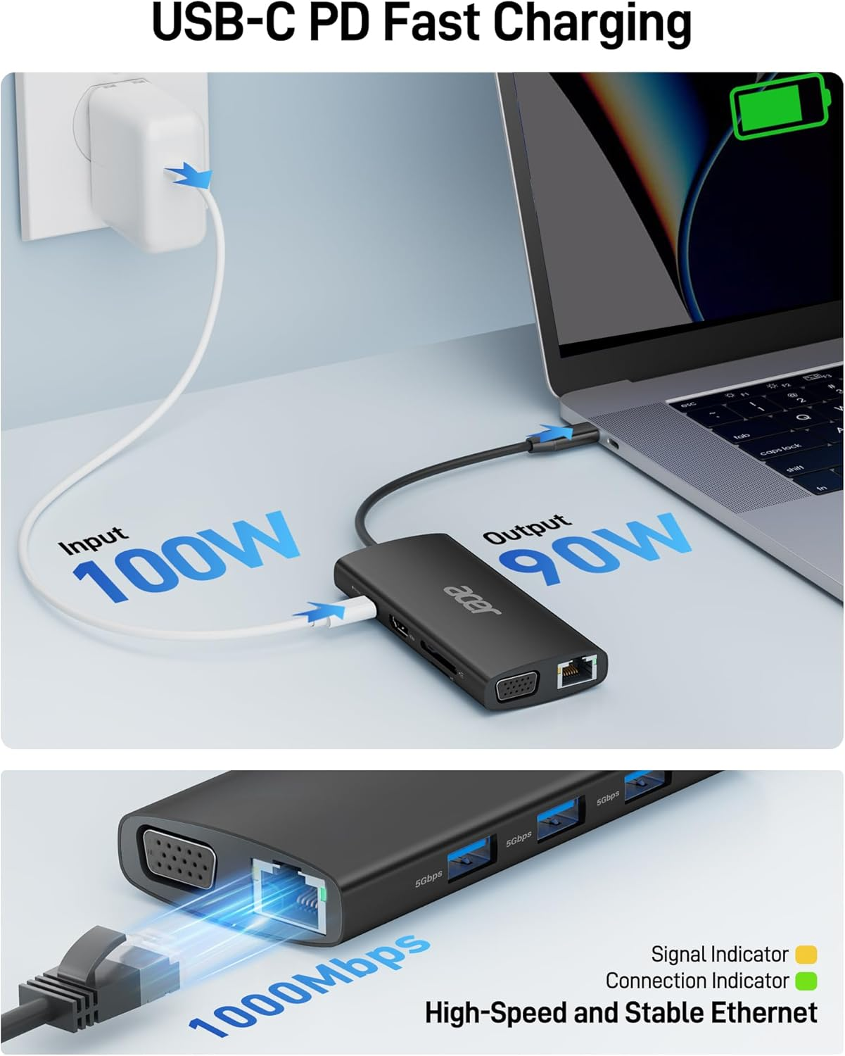 Acer USB C Docking Station Dual Monitor,9-In-1 USB C Hub with 4K Hdmi,Vga,Gigabit Ethernet,100W PD Charging,3 USB-A Data Ports,Sd/Tf Card Reader for Pc,Laptop,Macbook Air/Pro,Ipad image number 2