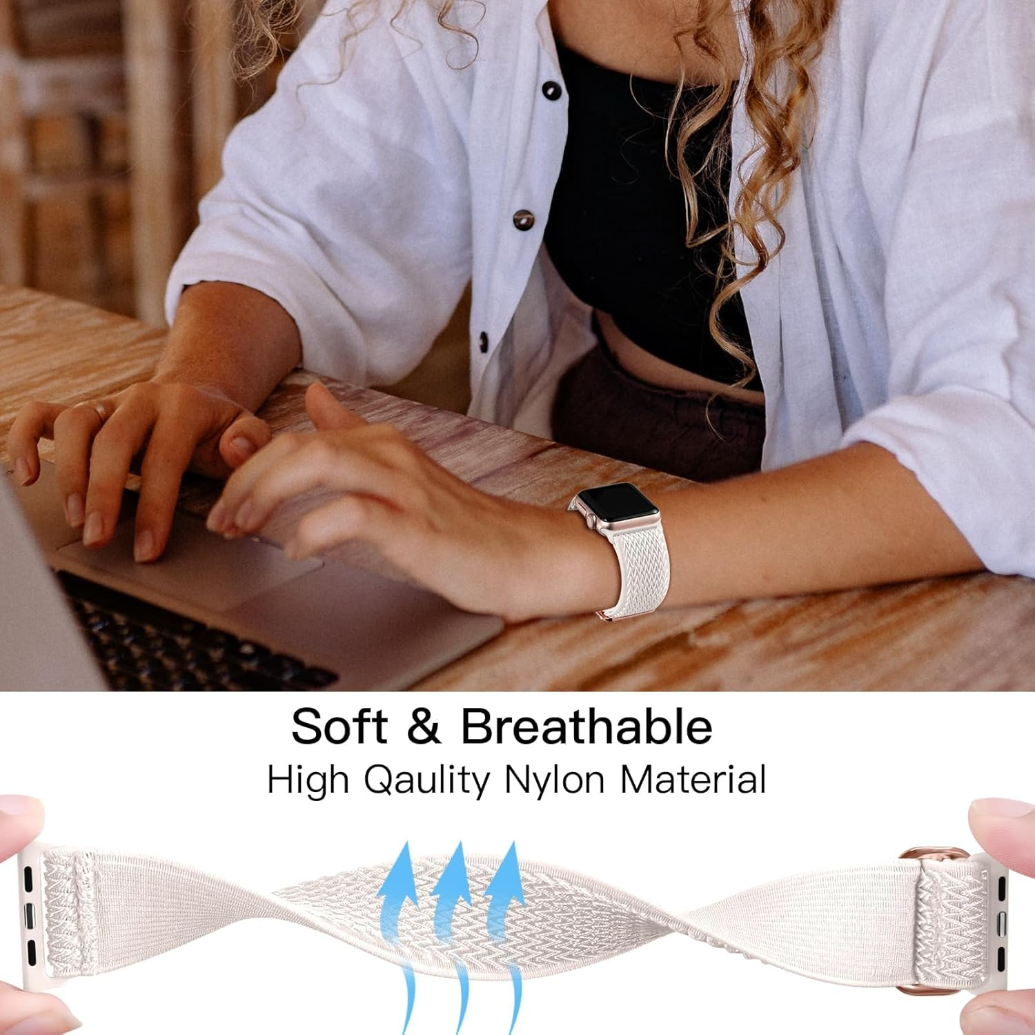 T Tersely 3Pack Stretchy Nylon Bands Compatible with Apple Watch Series 11 SE3 10 9 8 7 6 5 4 3 2/Se,42/41/40/38Mm Adjustable Breathable Elastic Sport Strap Solo Loop for Apple - Starlight+Smoke Blue+Lavender Gray image number 6