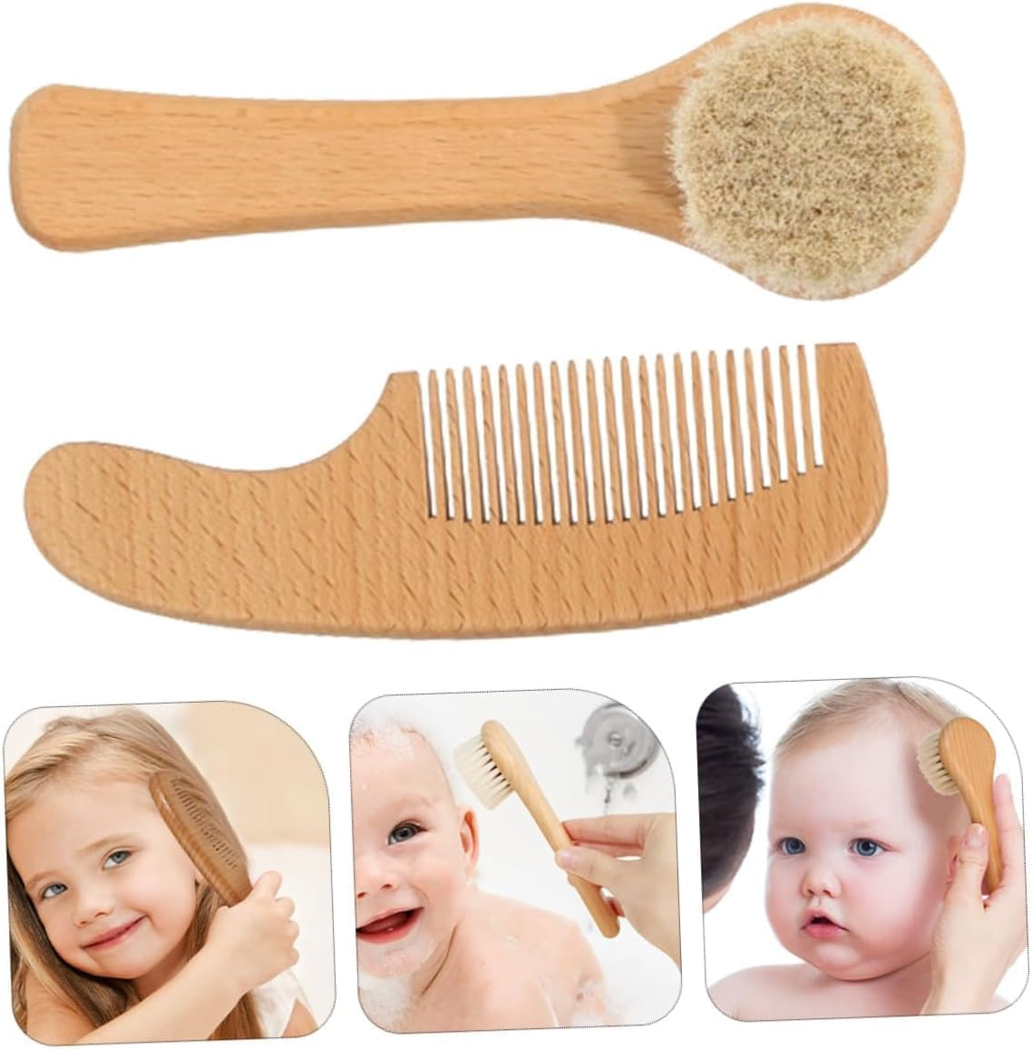 Wooden Baby Hair Brush and Comb Set, 2 Piece Wood Newborn Baby Hair Brush Set,Soft and Gentle Newborn Baby Brush and Comb Set, Soft Gentle Bristles, for Newborns image number 3