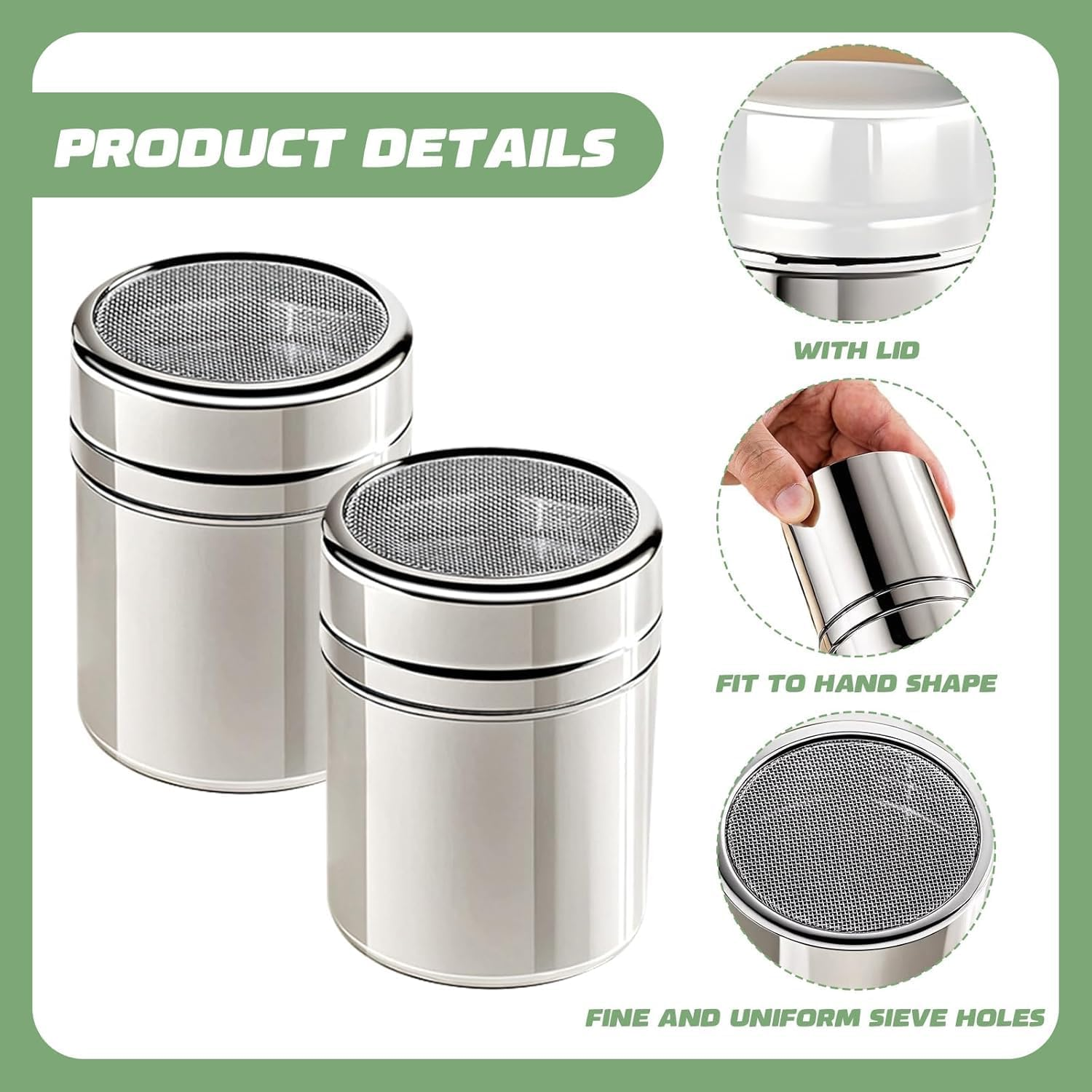 2Pcs Chocolate Shaker,Chocolate Powder Shaker Stainless Steel Coffee Icing Sugar Shaker Duster Flour Sifter with Lid Cocoa Spice Powder Shaker Flour Shakers for Kitchen Cappuccino Coffee Latte image number 2