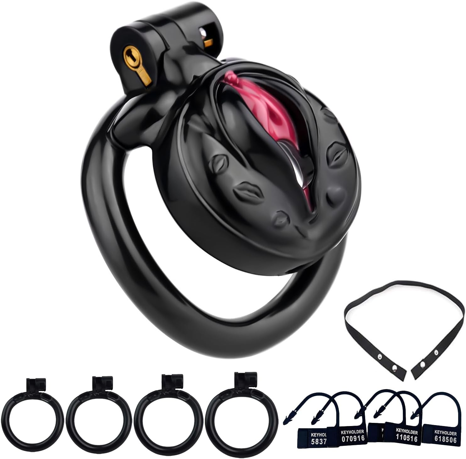 Male Inverted Negative Sissy Chastity Cage with 4 Rings Set, Small Men Flat Chastity Device Lock, Realistic Pussy Cage Design, BDSM Bondage Adults Sex Toys for Gay Couples (Pink)