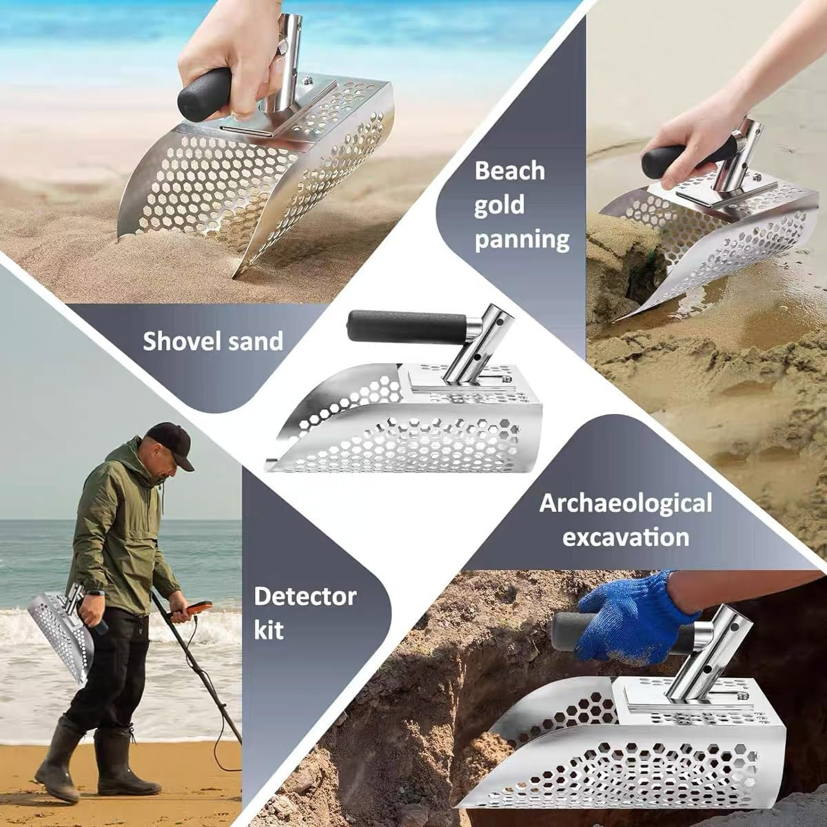 Long Handle Sand Scoop，Sand Scoop for Metal Detecting, Metal Detector Scoop, Stainless Steel Beach Sand Scoop Handheld with Long Steel Handle Pole Design, Ideal for Underwater Treasure Hunting image number 4
