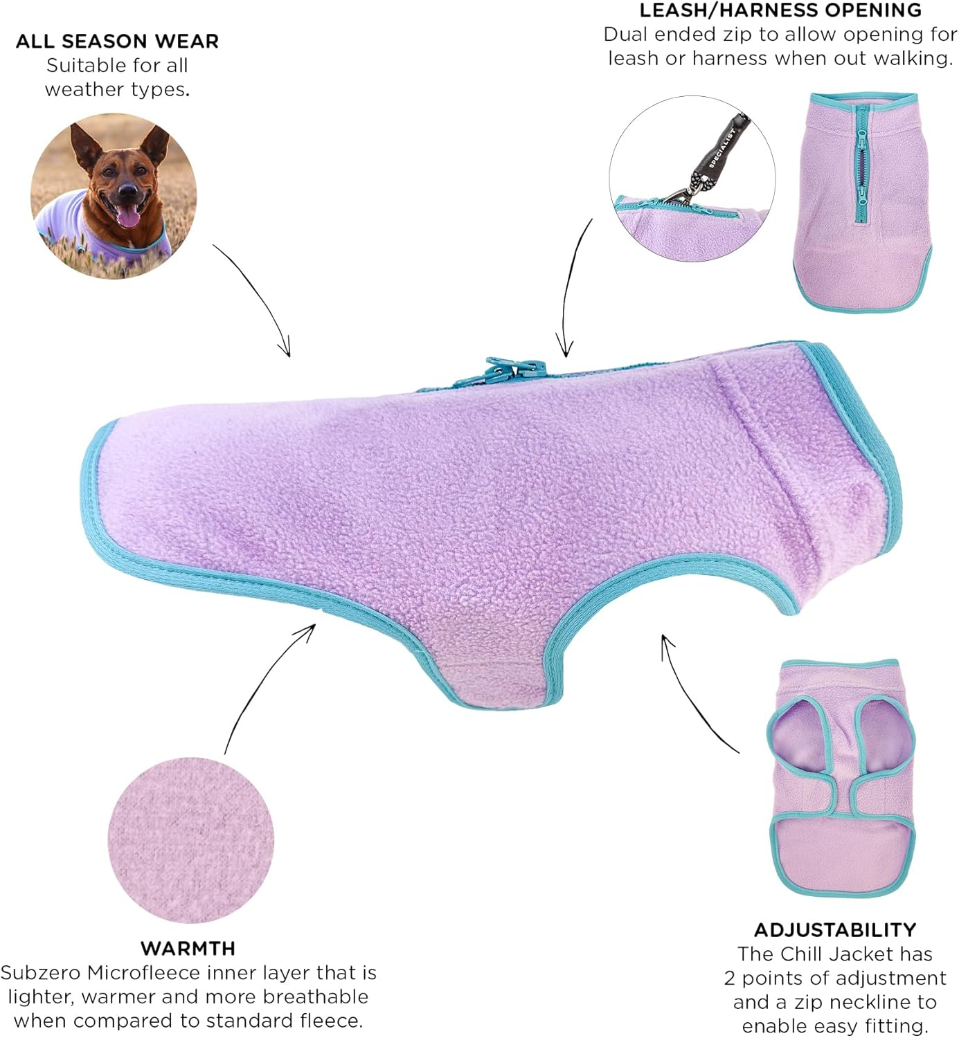 Huskimo Dog Coat Chill Mauve, Purple 33Cm &ndash; Soft Microfleece Dog Jacket with Subzero Temperature Control Fabric, Dual Zip & Velcro Adjustments, Machine Washable