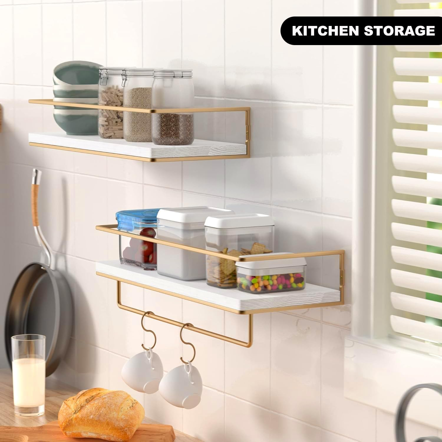 Floating Shelves Set of 2, Wall-Mounted Wooden Shelves with Golden Towel Rack, Decorative Storage Shelves for Bathroom, Kitchen, Living Room, Durable & Stylish image number 6