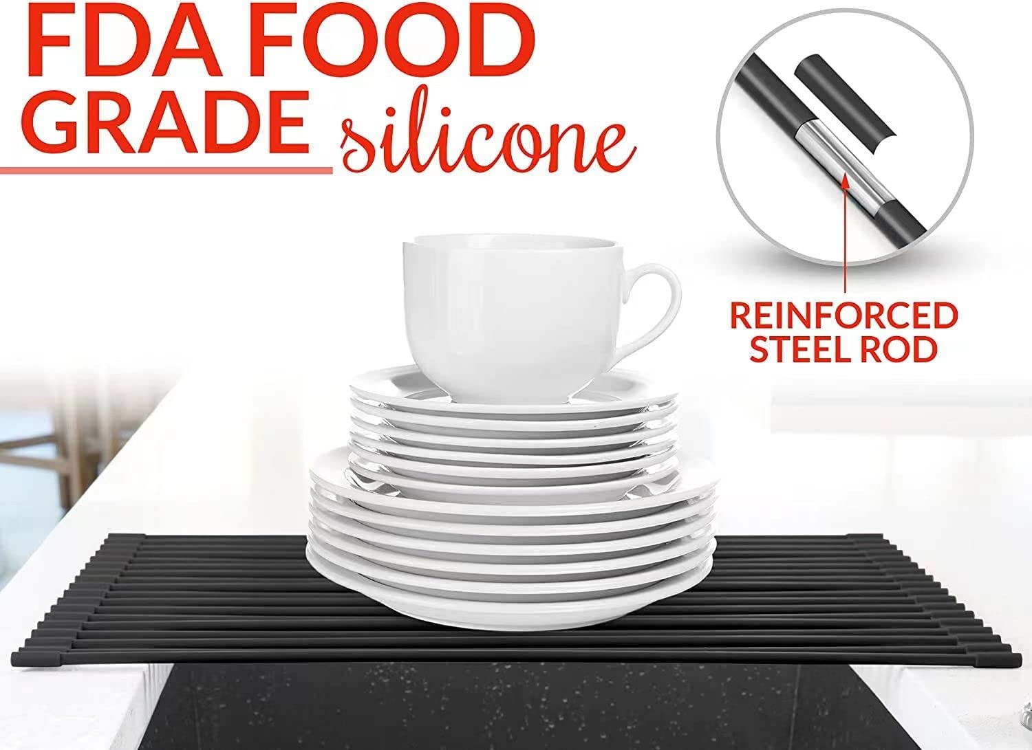 Silicone Dish Drying Racks, Non-Slip Roll up Dish Drying Drainers for Kitchen Sink Counter (43Cm X 33Cm, Black) image number 1