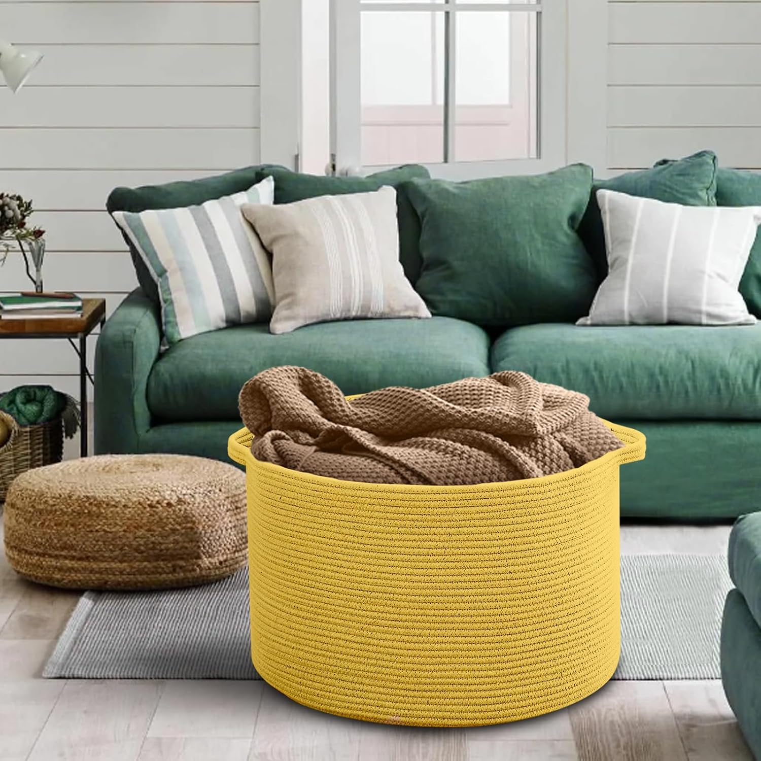 MEGASKET Extra Large Yellow Storage Basket, 22" X 22" X 14" Woven Cotton Rope, for Living Room, Baby Nursery, Toy Organizer, Towels, Room Decor - Brown Variegated image number 7