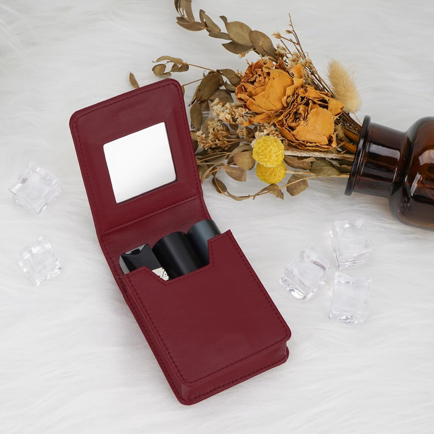 JANKOW Lipstick Case with Mirror for Purse, Mini Holder Purse, Small Cosmetic Bag for Lipsticks, Travel Lipstick Pouch, Portable Makeup Cosmetic Pouch (1Pcs Red) - White image number 2