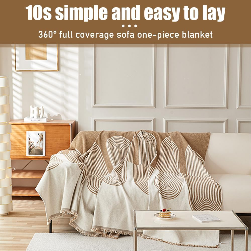 Chenille Sofa Cover, Easy-To-Wash Boho Couch Cover Blanket, Durable and Soft Sofa Protective Cover with Geometric Pattern, Multi-Use for Camping, Pet Mats, and Home Decor, 180X180 Cm (Beige) image number 3