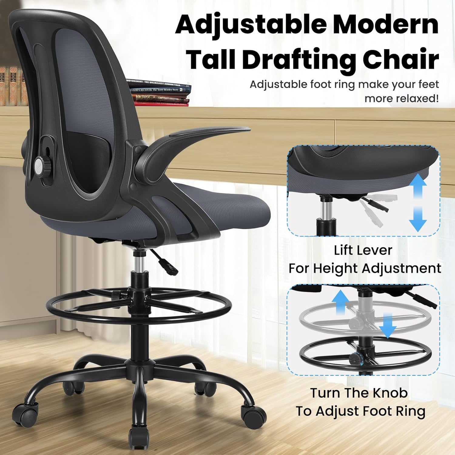 Razzor Drafting Chair Tall Ergonomic Office Chair Standing Desk Stool Chair with Adjustable Lumbar Support and Footrest Ring Executive Computer Chair, Rz2203-Z-Dark Gray image number 2