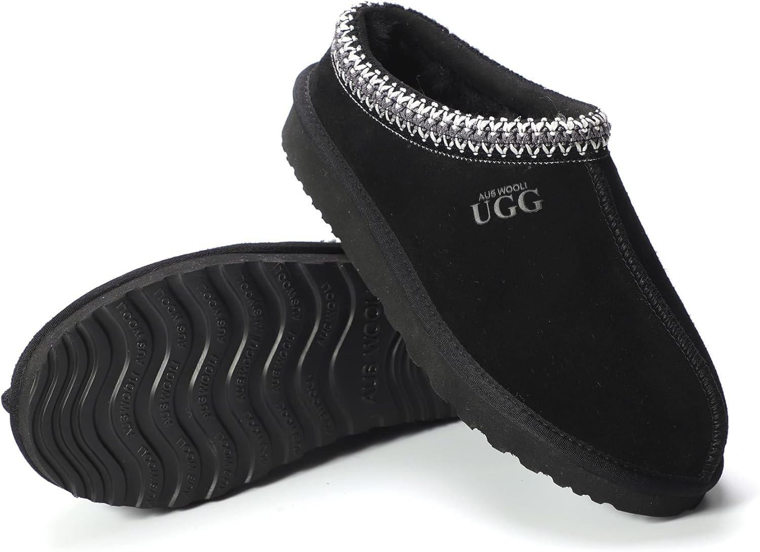 AUS WOOLI UGG Sheepskin Wool Ankle Braid Croydon Slippers, Black, Au Women 8/Au Men 6 image number 6