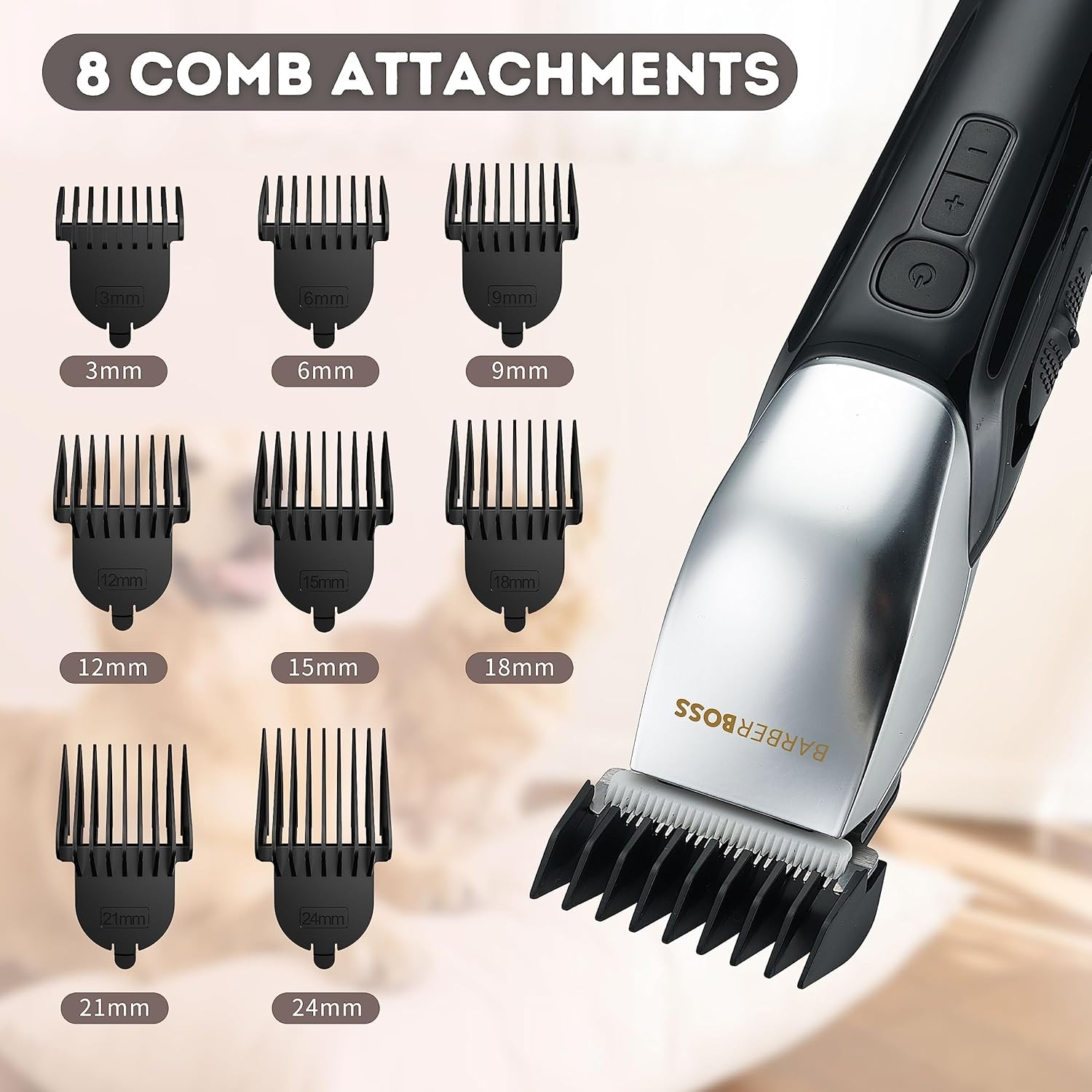 Barberboss Pet Clipper - Slim Design 100% Waterproof Multiple Accessories 8 Combs Ceramic Head LED Indicator Dog Cat Trimmer QR-9083 image number 5