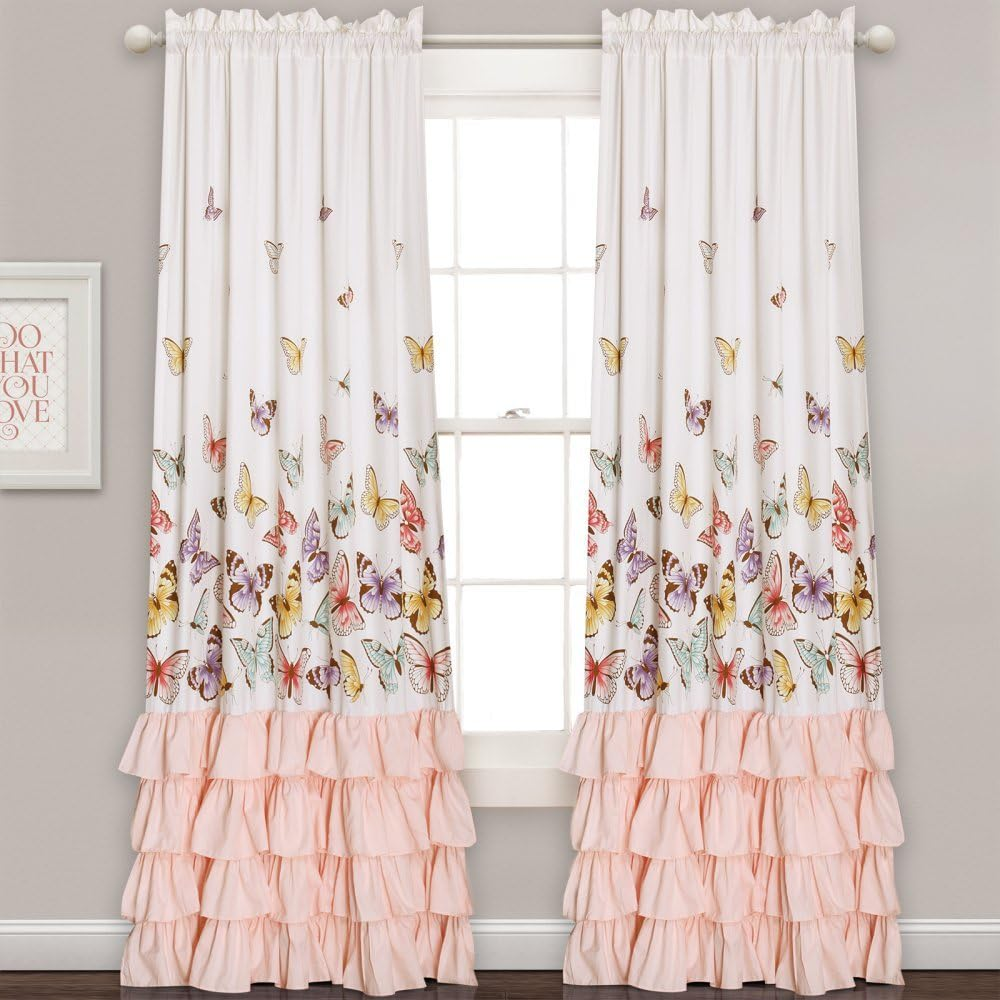 Lush Decor Flutter Butterfly Curtains | Ruffle Print Design Window Panel Set for Living, Dining, Bedroom (Pair), 84&rdquo; X 52&rdquo;, Pink image number 4