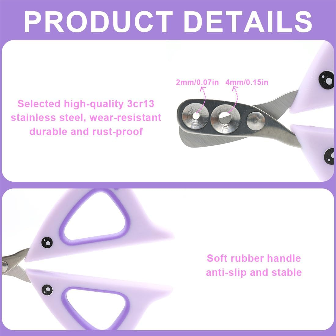 CPJJ Pack of 2 Cat Nail Clippers, Cat Claw Scissors, with 2 Mm and 4 Mm Conical Hole, Nail Clippers for Pet Cats, A, D image number 5