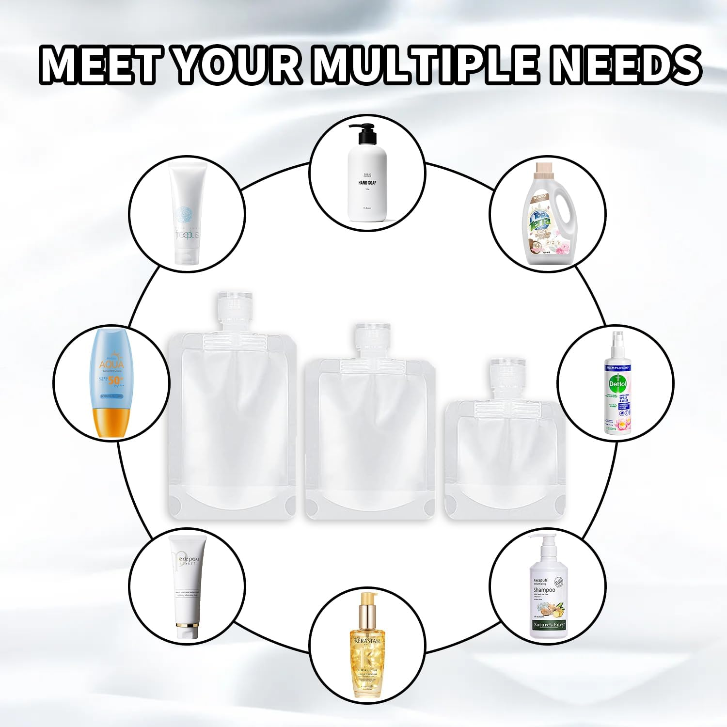 30 PCS Travel Pouches for Toiletries, Funcyboo Travel Size Portable Container with 5 PCS Sticker Leak Proof Travel Pouch Refillable Squeeze Pouch for Shampoo Conditioner Cream Lotion (30/50/100Ml) image number 4