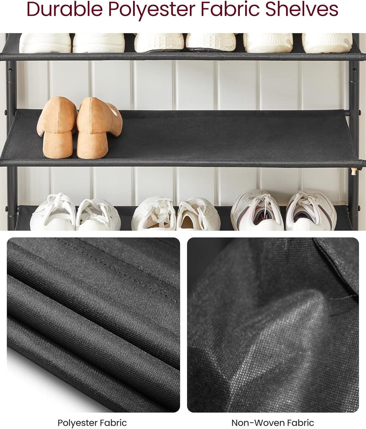 VASAGLE Shoe Rack, 5 Tier Shoe Storage Rack for 12-16 Pairs of Shoes, Shoe Organizer for Entryway, with 4 Fabric Shelves and Wooden Top, Steel Frame, Industrial, Rustic Brown and Black ULBS036B01 image number 3