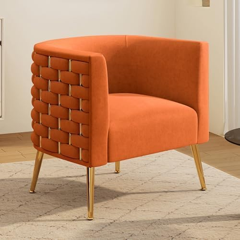 Modern Velvet Barrel Accent Chair, Comfy Wide Handmade Woven Bucket Arm Chair, Fluffy Tufted Upholstered Single Sofa Chair for Living Room, Bedroom, Office, Waiting Room(Orange)
