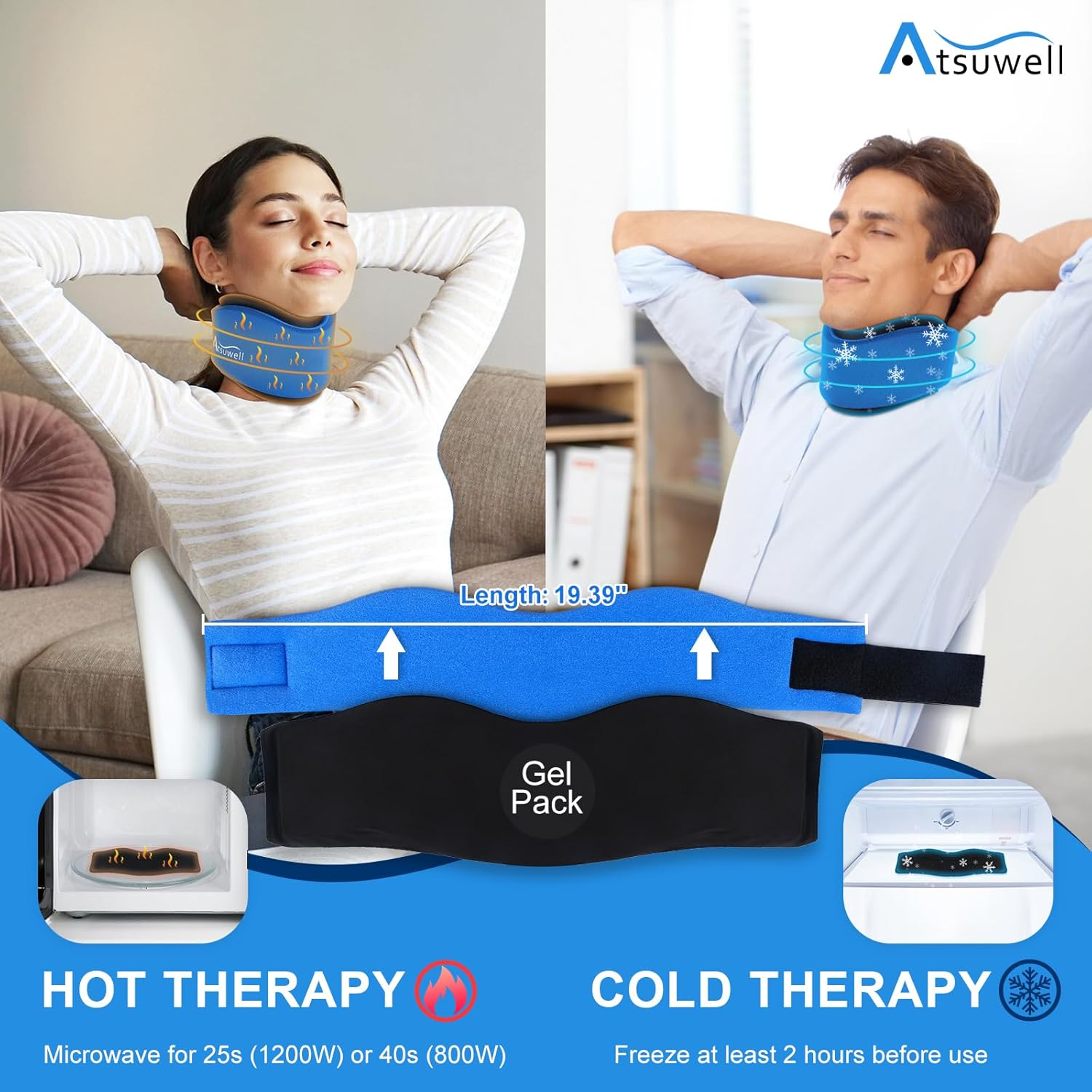 Atsuwell Neck Brace for Sleeping, Soft Cervical Collar for Neck Pain and Support, Adjustable Neck Support Brace with Hot Cold Gel Packs Reusable for Office Pressure, Surgery Recovery, Fatigue, Blue