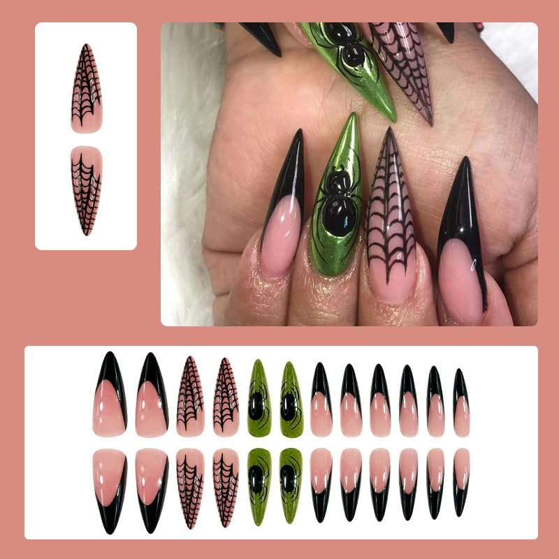 Mouyouglow Press on Nails Long, Stiletto Halloween Spider Web Black French 3D Spiders Skull Creepy Spooky Horror Gothic Fake Nails with Nail Glue, Black Tips Artificial Fingernails Nails-Hae5 image number 3
