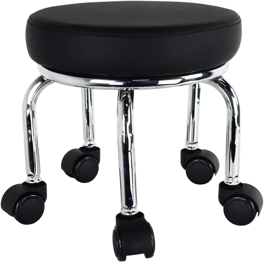 WKWKER Modern Roller Seat PU Leather Low round Rolling Stool 360&deg; Swivel Small Stool with Universal Caster Wheels Foot Stool for Home Office Garage Shop Fitness Sport H：12.4" （Black）