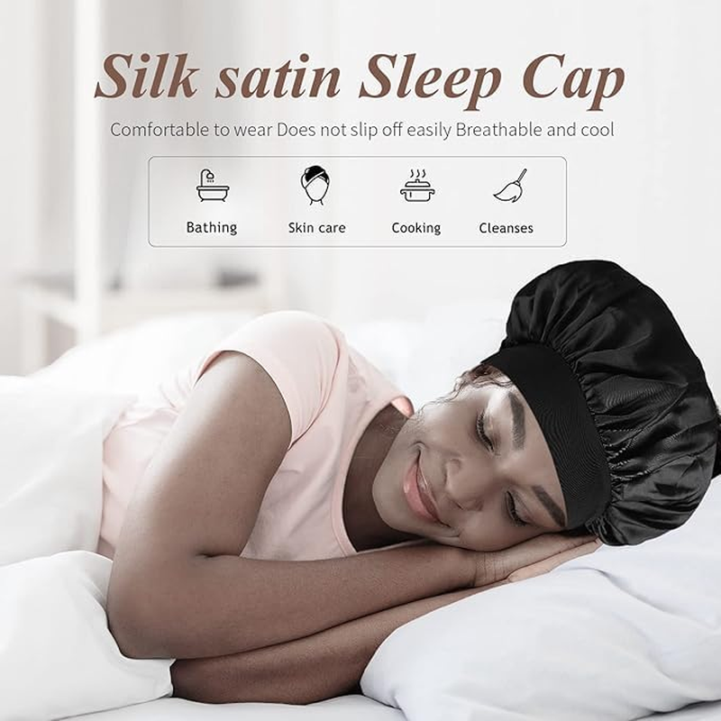 Hroevc 2PCS Silk Bonnet Satin Bonnet, Silk Hair Wrap for Sleeping, Soft and Comfortable Sleep Cap (Black+Pink) - Pink image number 2