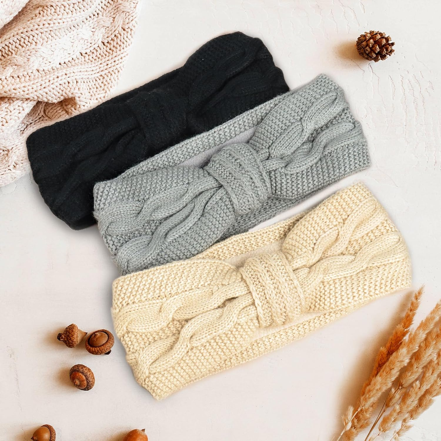 Kavya 3 Pcs Winter Cable Knit Headbands, Ear Warmer Headband for Women Thick Hair Bands for Women, Crochet Knitted Head Bands Adult Women Soft Head Wrap-A image number 6
