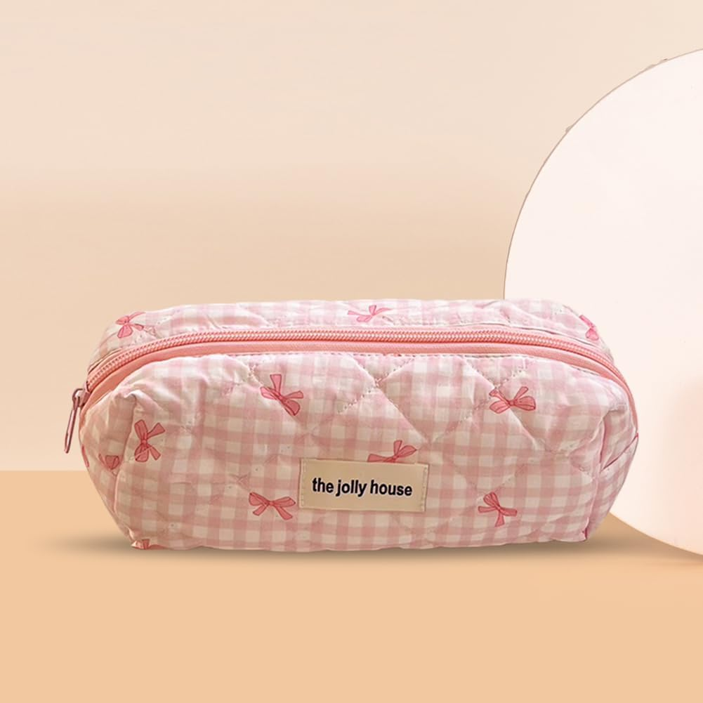 AZURAOKEY Quilted Makeup Bag Pink Bows Cosmetic Bag for Women Quilted Cotton Makeup Bag Set, Portable Coquette Aesthetic Toiletry Bag with Zipper, Cute Bows Travel Toilet Bag, Pink, S, Fashion