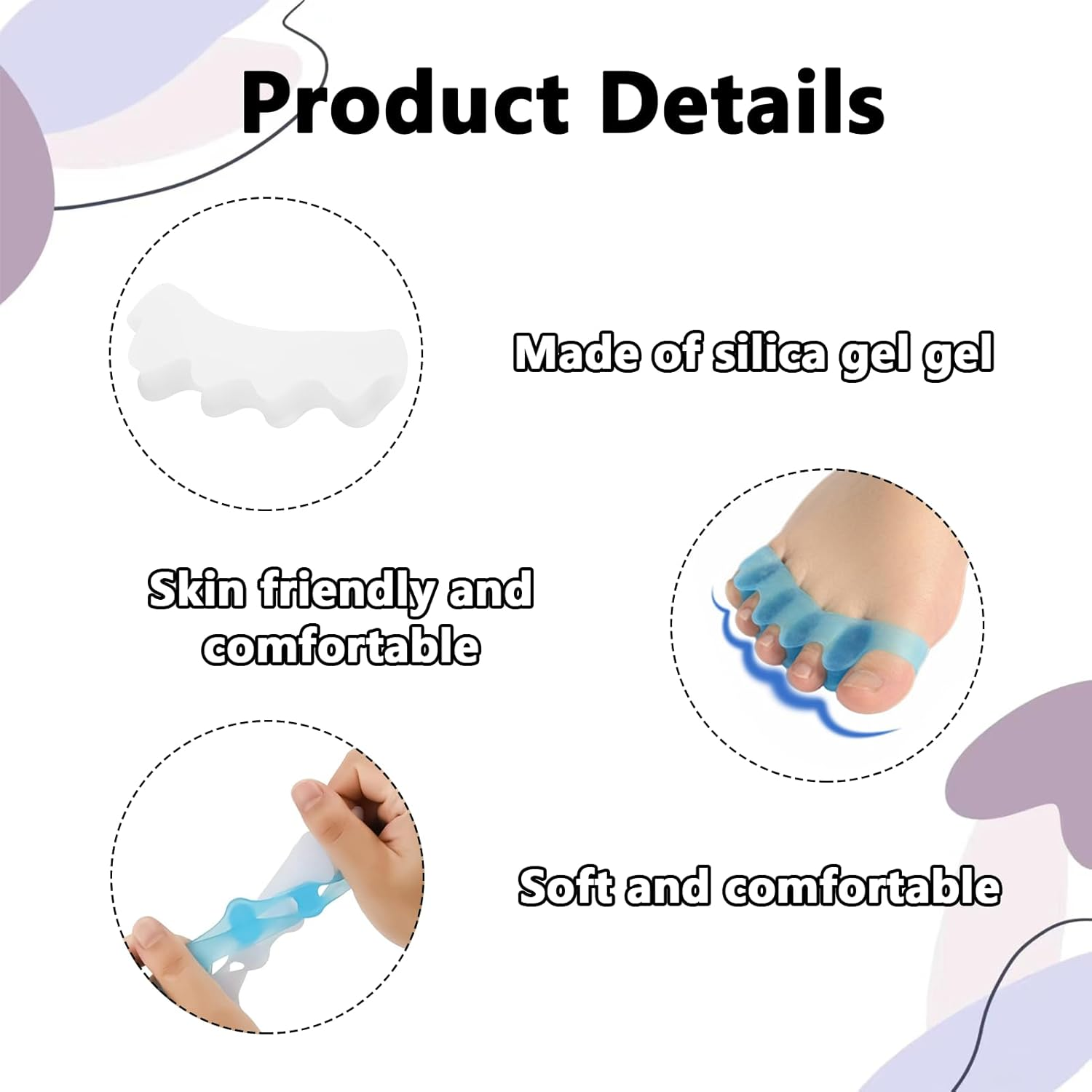 Toe Separators, 4 Pairs Soft Gel Toe Spacers, Bunion Corrector for Women and Men, Toe Splitter for Therapeutic Relief from Plantar Fasciitis, Hammer Toes, Claw Toes, Foot Pain (Blue/White) image number 5