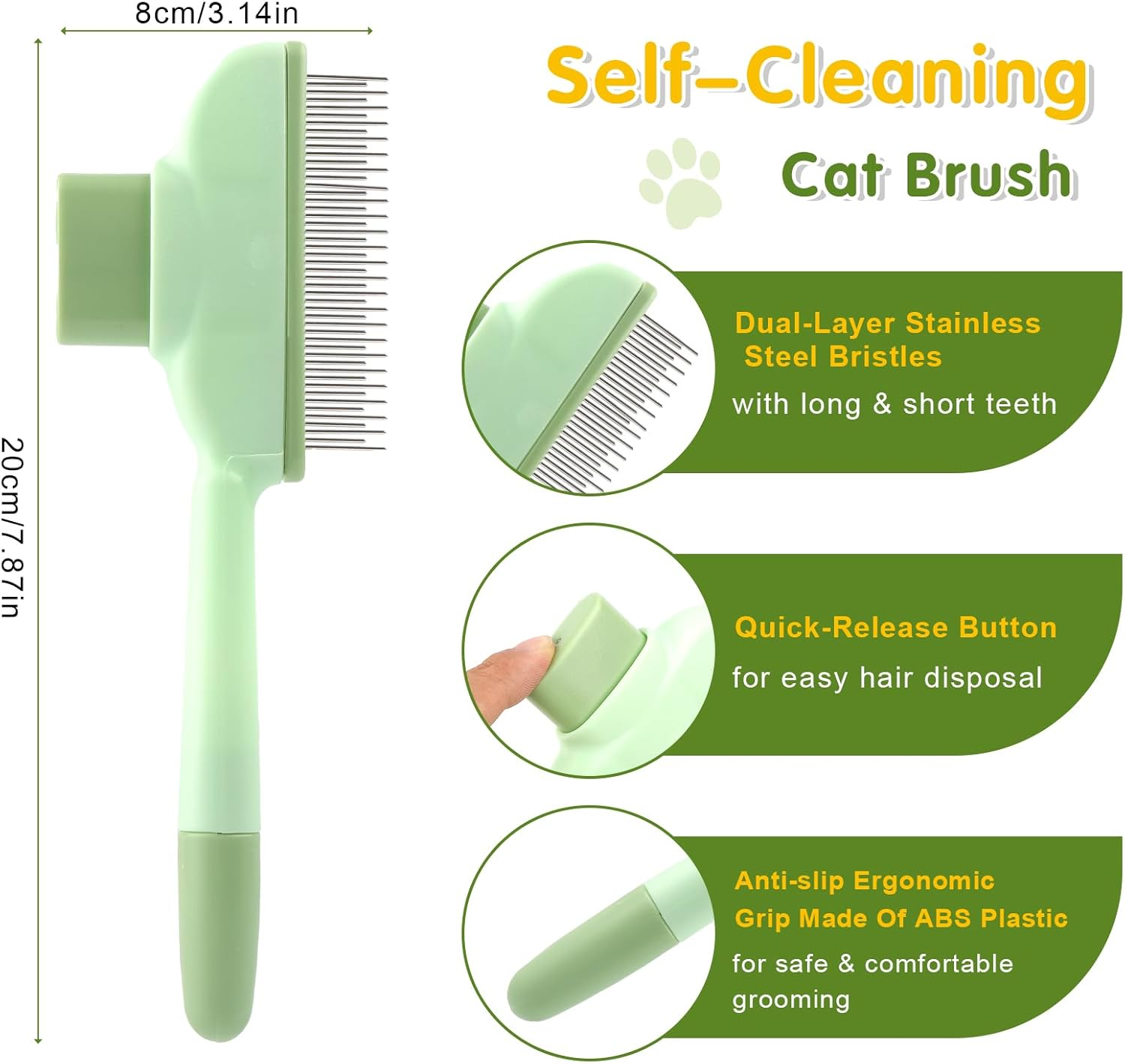 Cat Brush - Cat Brush with Release Button, Self-Cleaning Pet Hair Grooming Brush & Flea Comb for Cats and Dogs - for Long and Short Hair Care, Removes Undercoat & Loose Hair (Green) image number 4