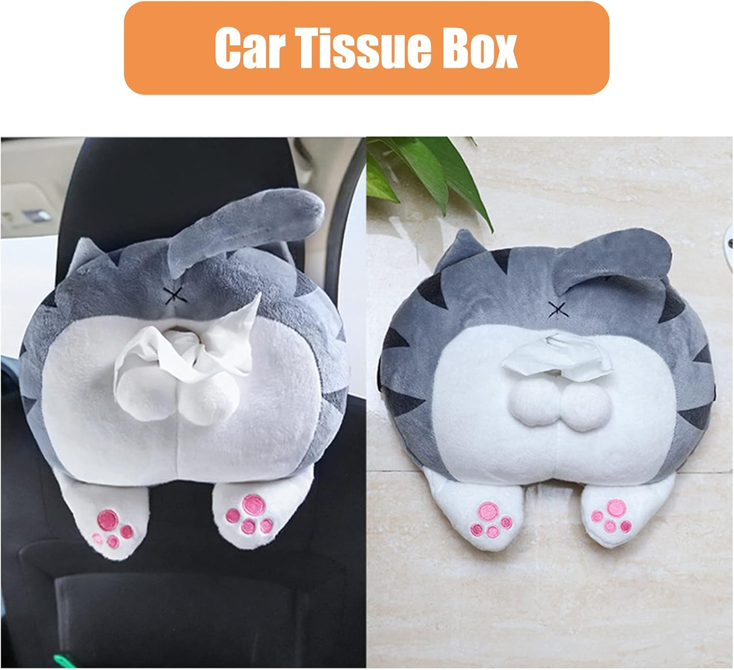 Car Tissue Box Holder - Cute Soft Plush Cat Corgi Butt Dispenser, Cartoon Animals Paper Napkin Storage Box for Home, Bathroom Accessories image number 2