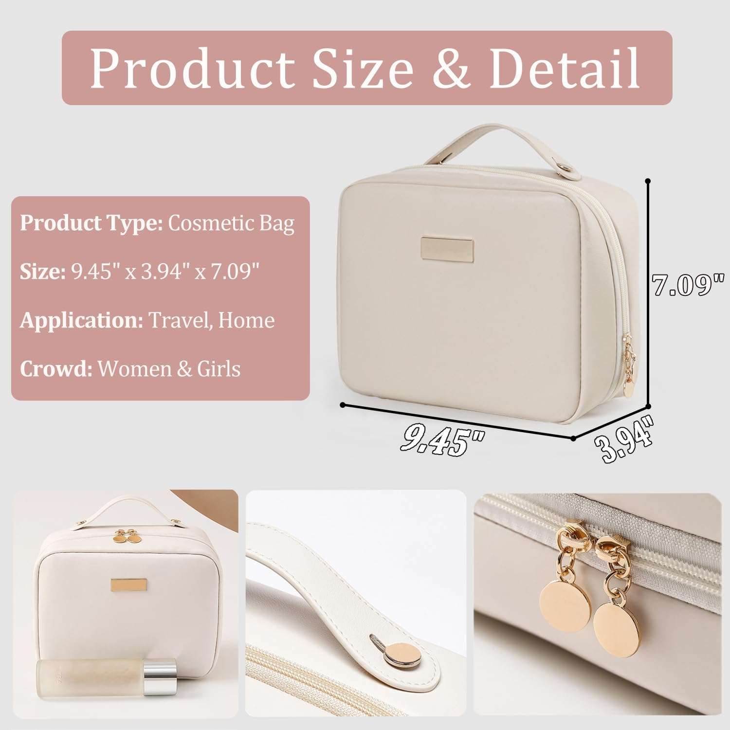 VNIMTI Travel Makeup Bag, 2 Layer Makeup Organizer with Brush Holder, Large Cosmetic Bag Toiletry Bag, Big Portable Makeup Pouch for Women, PU Leather, Waterproof (White) - Black image number 4