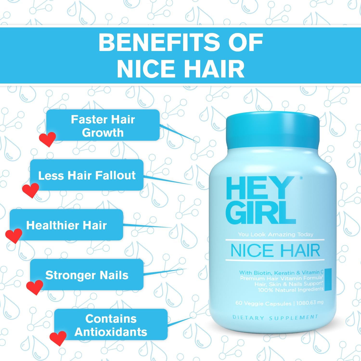Hey Girl Nutrition Nice Hair - Hair Growth Vitamins for Healthy Strong Hair That Grows Faster | Helps Thinning and Fallout - Scientifically Made with Biotin, Keratin, Folic Acid, Vitamin C & More image number 2