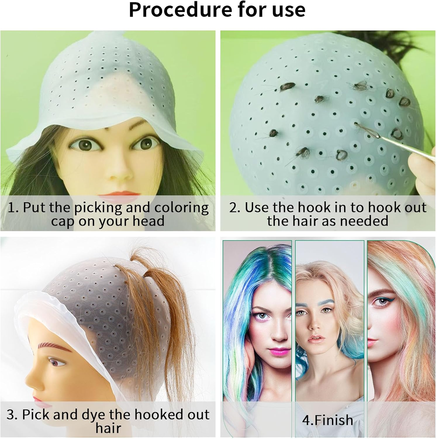 DBAILY Highlight Cap, 12 Pieces Hair Dye Set, Highlight Hood with Already Punched Holes, Reusable Strands Hood with Brush Comb, Hair Dye Bowl, Colouring Brush, Ear Cover, Hair Clips image number 5